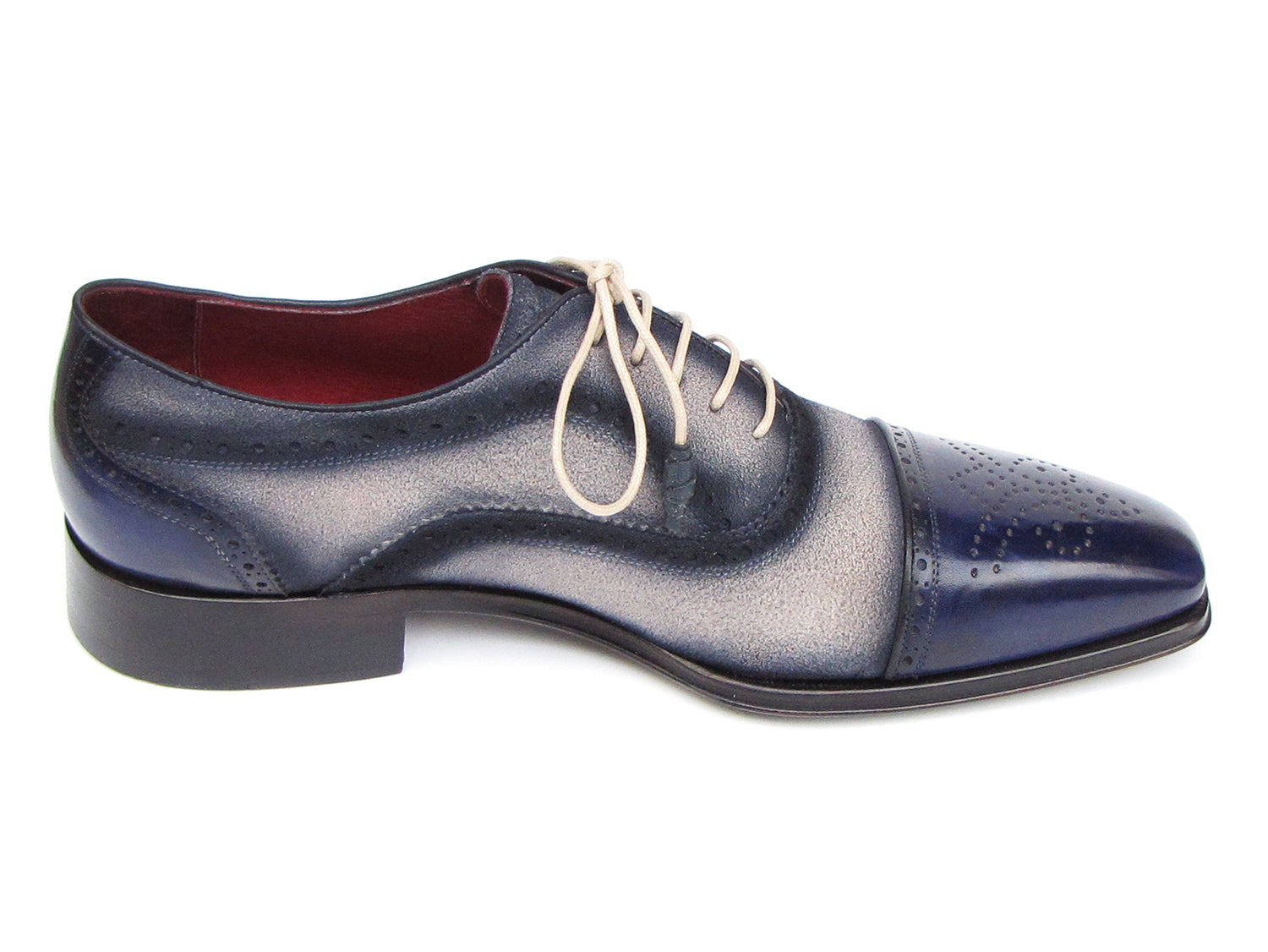 Paul Parkman Captoe Oxfords in Navy and Beige, showcasing hand-painted suede upper and antiqued leather sole.