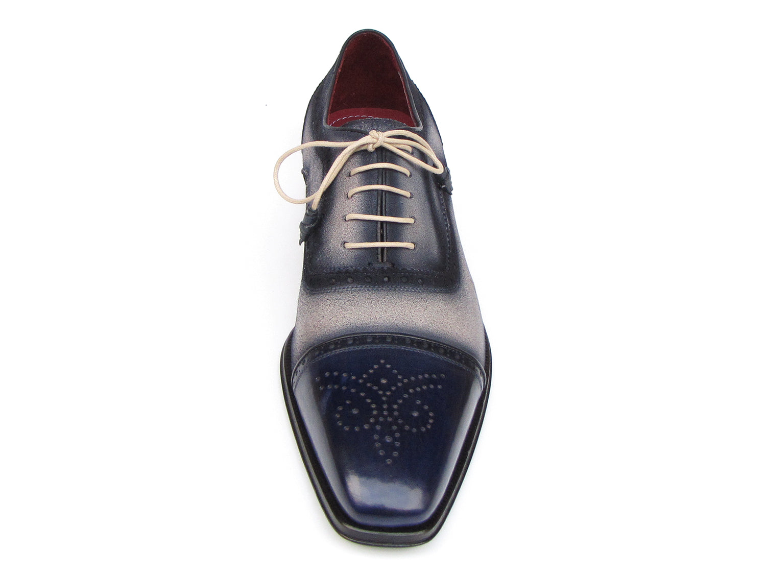 Paul Parkman Captoe Oxfords in Navy and Beige, showcasing hand-painted suede upper and antiqued leather sole.