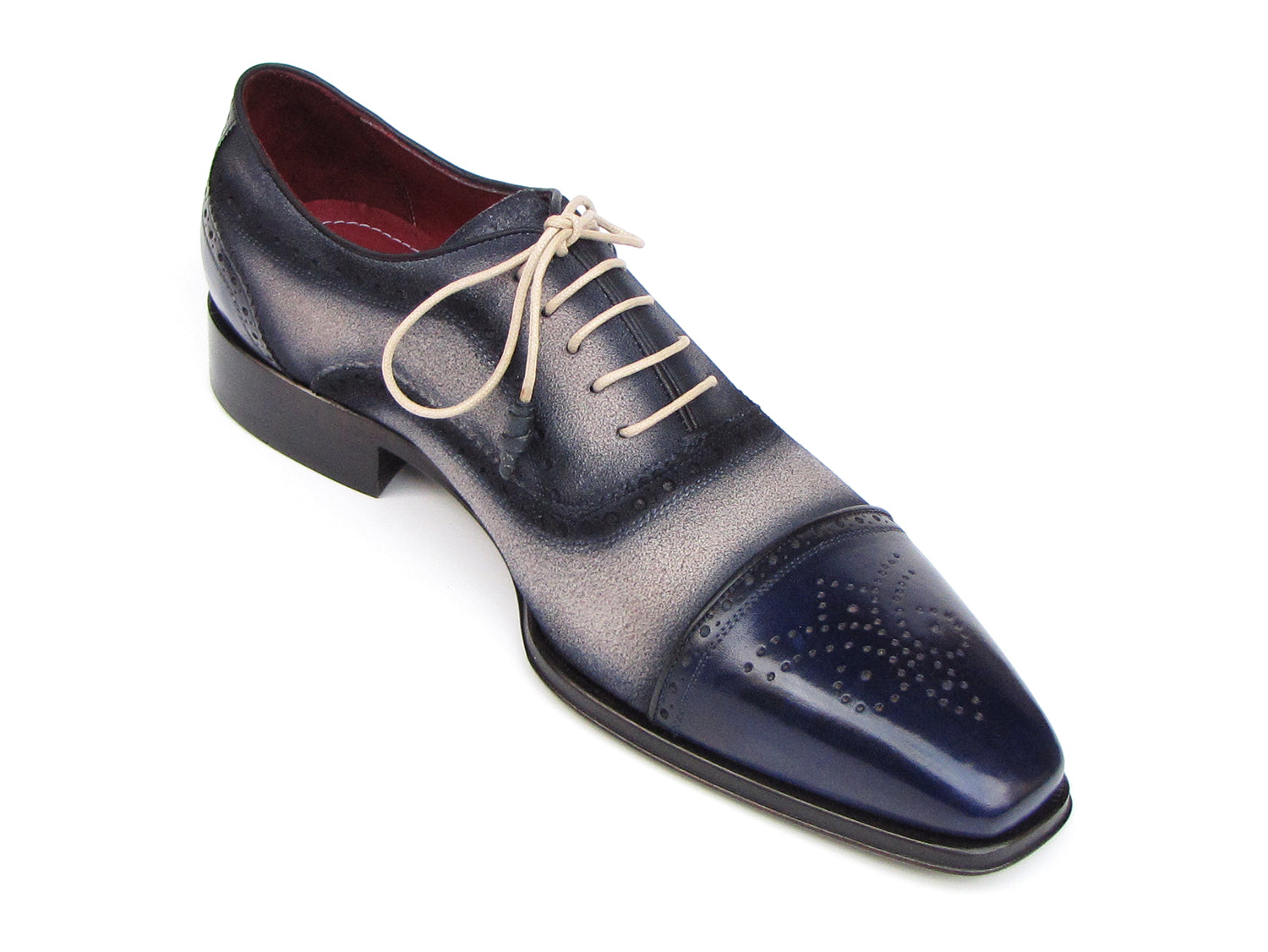 Paul Parkman Captoe Oxfords in Navy and Beige, showcasing hand-painted suede upper and antiqued leather sole.