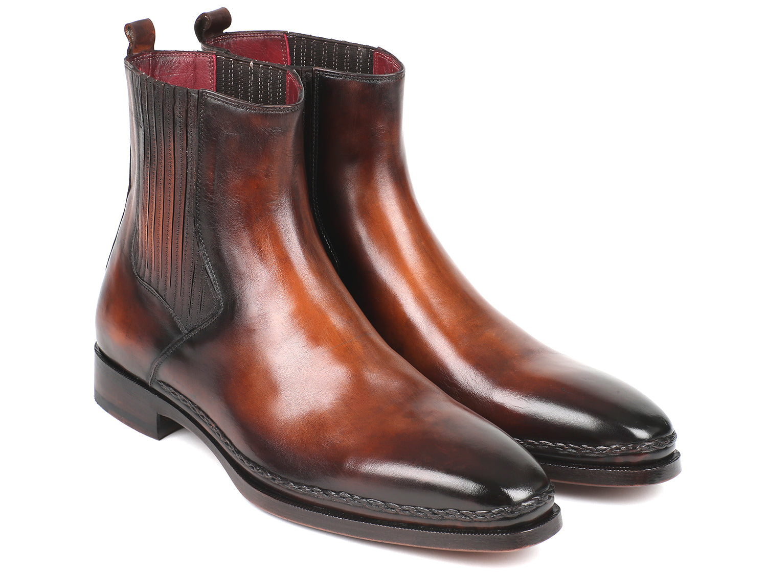 Paul Parkman Chelsea Boots in brown burnished leather with a plain toe design, showcasing high-quality craftsmanship and luxurious Bordeaux leather lining.