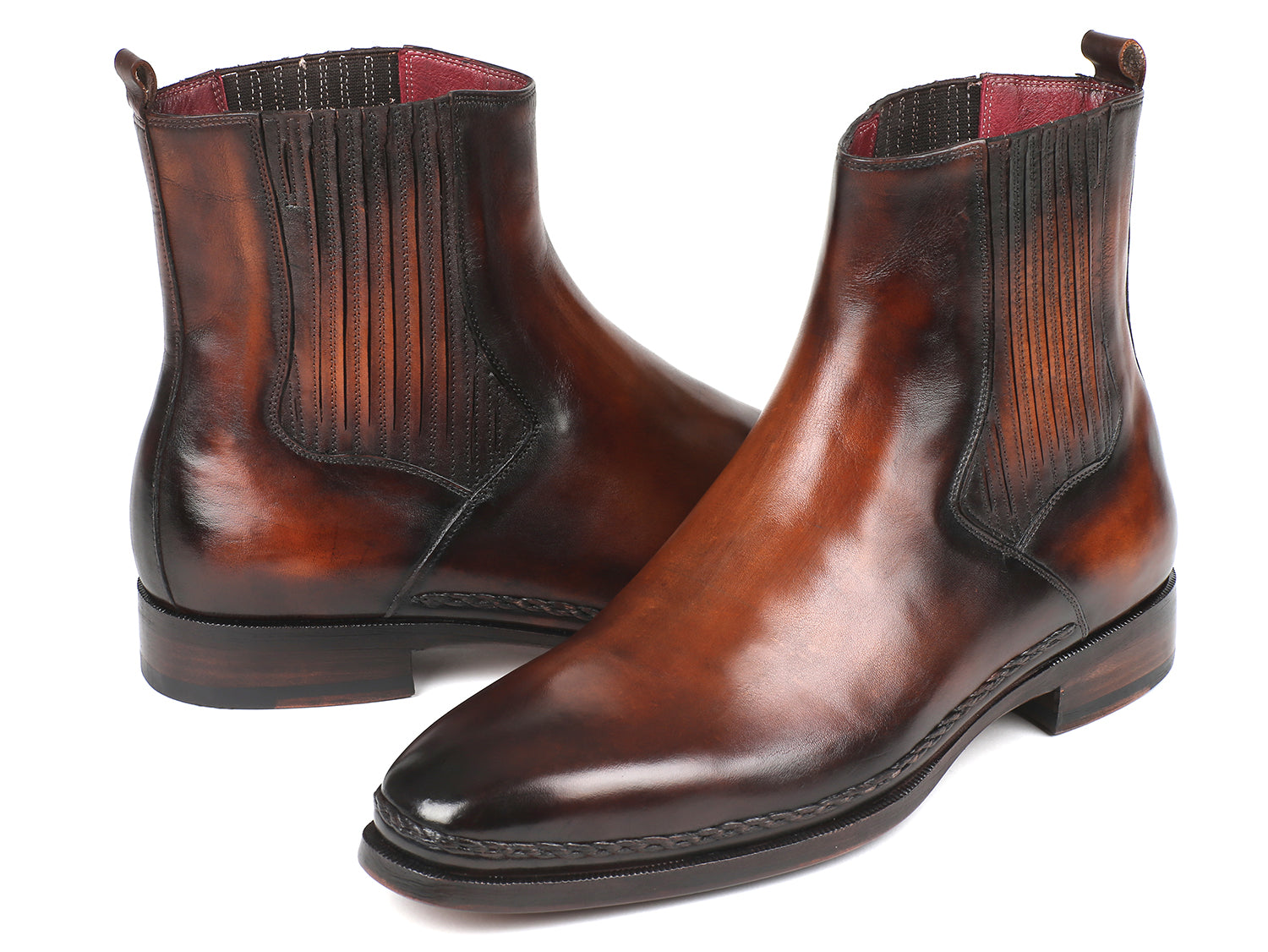 Paul Parkman Chelsea Boots in brown burnished leather with a plain toe design, showcasing high-quality craftsmanship and luxurious Bordeaux leather lining.