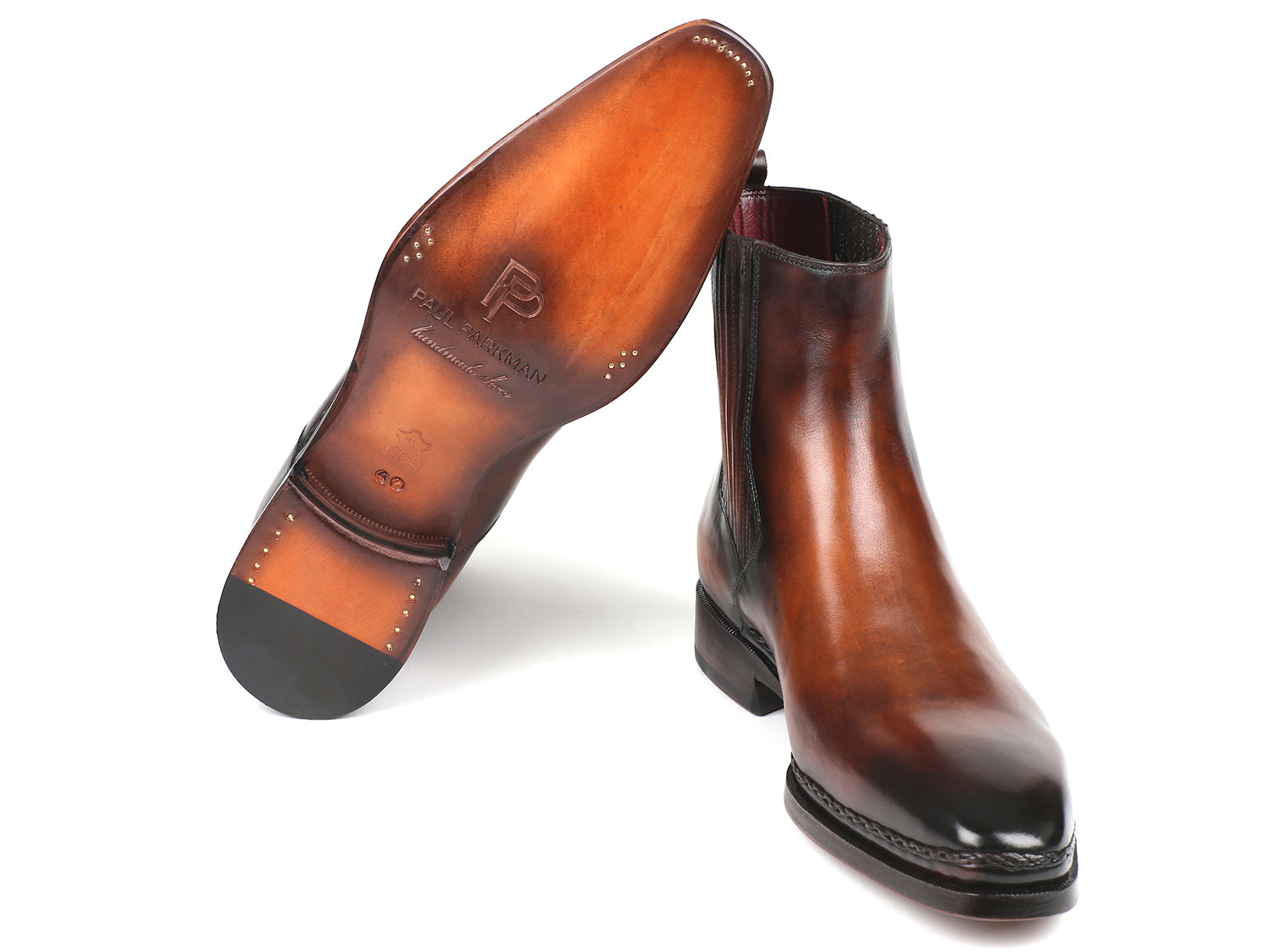 Paul Parkman Chelsea Boots in brown burnished leather with a plain toe design, showcasing high-quality craftsmanship and luxurious Bordeaux leather lining.