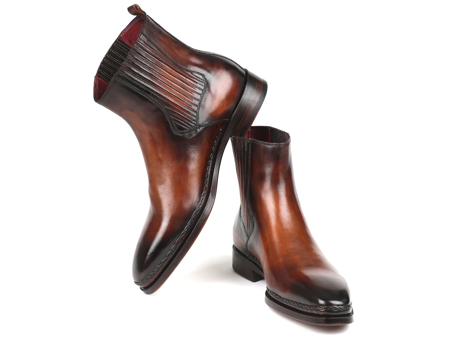 Paul Parkman Chelsea Boots in brown burnished leather with a plain toe design, showcasing high-quality craftsmanship and luxurious Bordeaux leather lining.