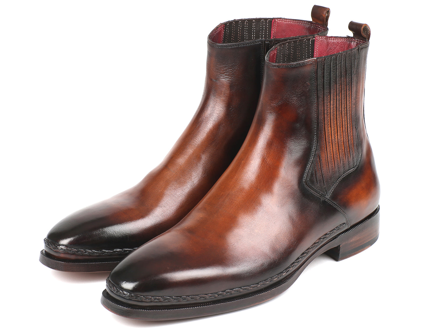 Paul Parkman Chelsea Boots in brown burnished leather with a plain toe design, showcasing high-quality craftsmanship and luxurious Bordeaux leather lining.