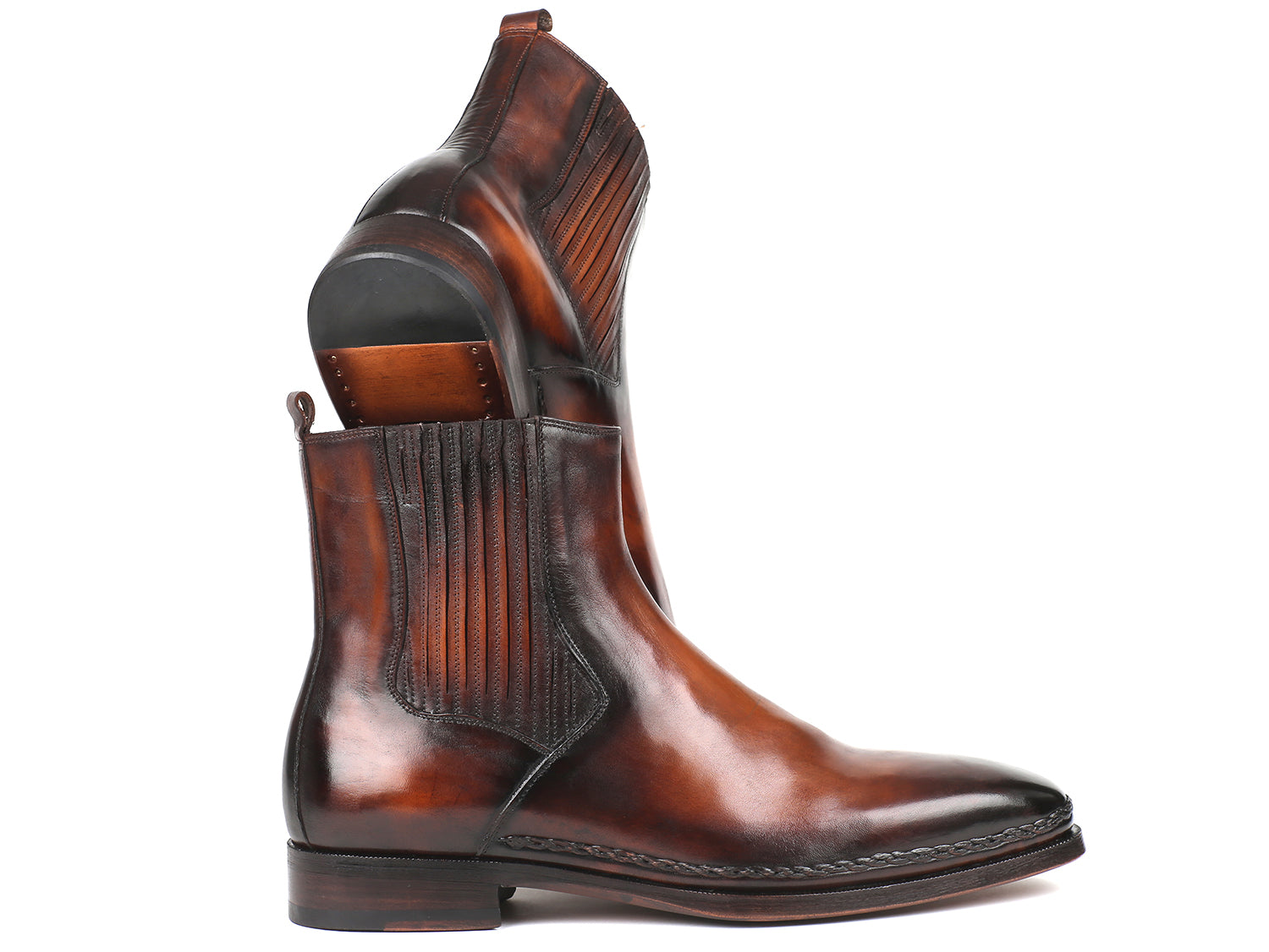 Paul Parkman Chelsea Boots in brown burnished leather with a plain toe design, showcasing high-quality craftsmanship and luxurious Bordeaux leather lining.