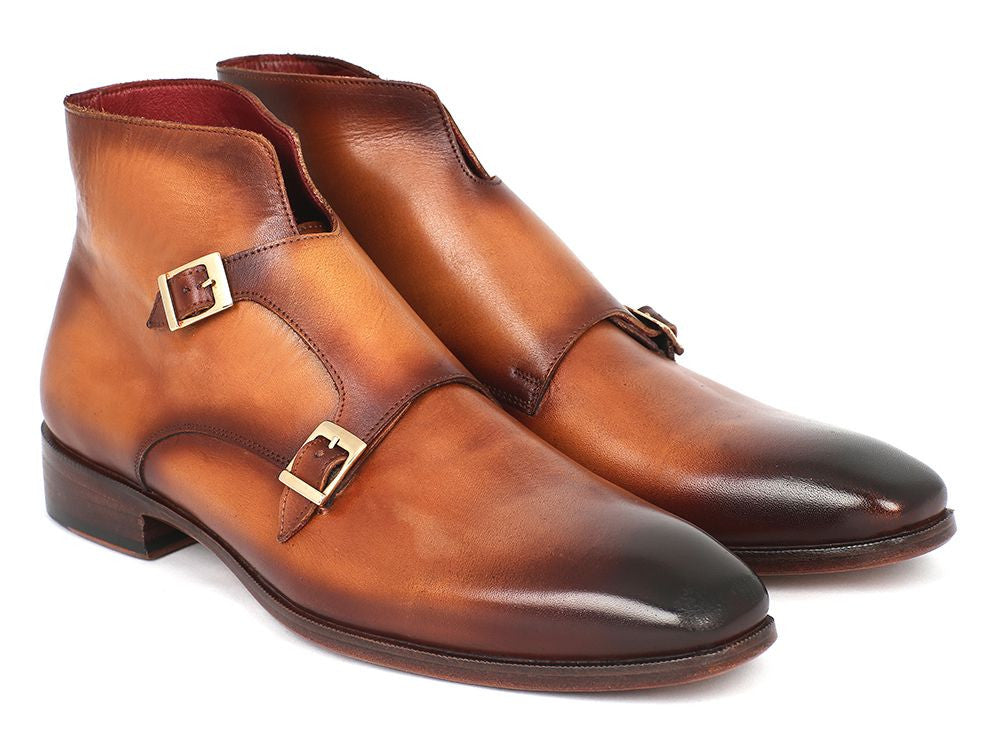 Paul Parkman Double Monkstrap Boots in Brown, featuring hand-painted calfskin upper and antique finished leather sole.