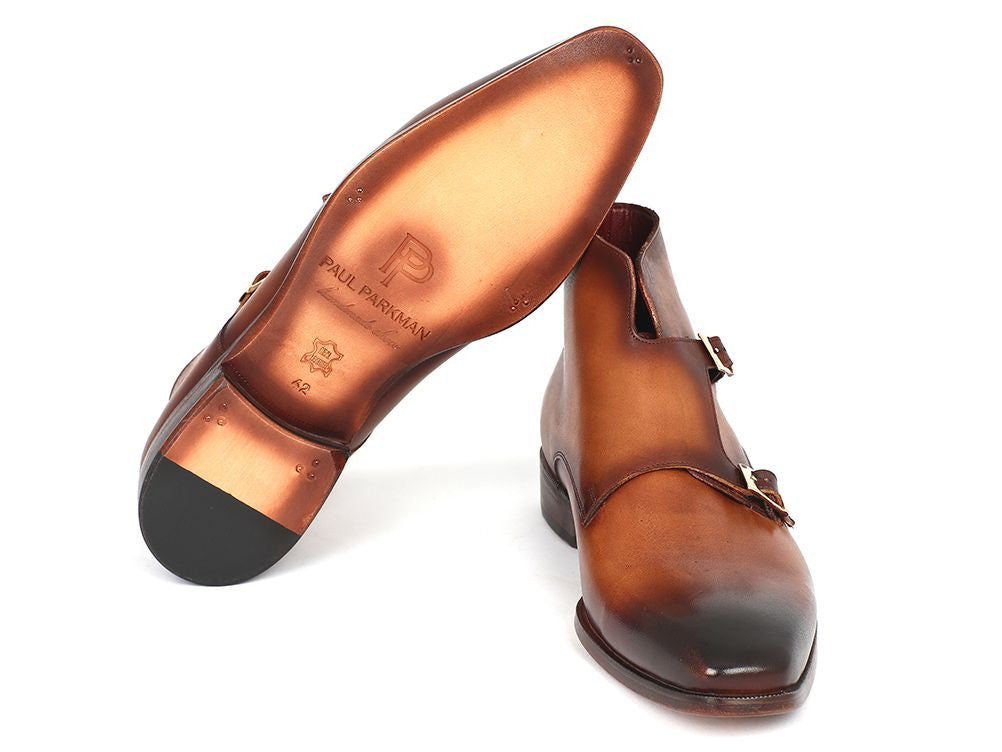 Paul Parkman Double Monkstrap Boots in Brown, featuring hand-painted calfskin upper and antique finished leather sole.