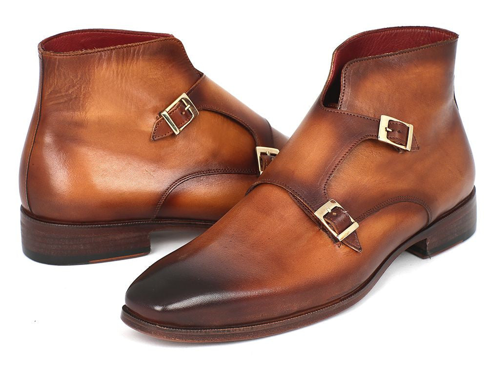 Paul Parkman Double Monkstrap Boots in Brown, featuring hand-painted calfskin upper and antique finished leather sole.