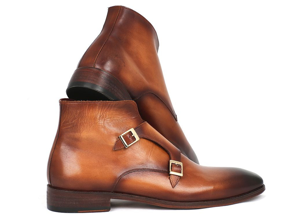 Paul Parkman Double Monkstrap Boots in Brown, featuring hand-painted calfskin upper and antique finished leather sole.