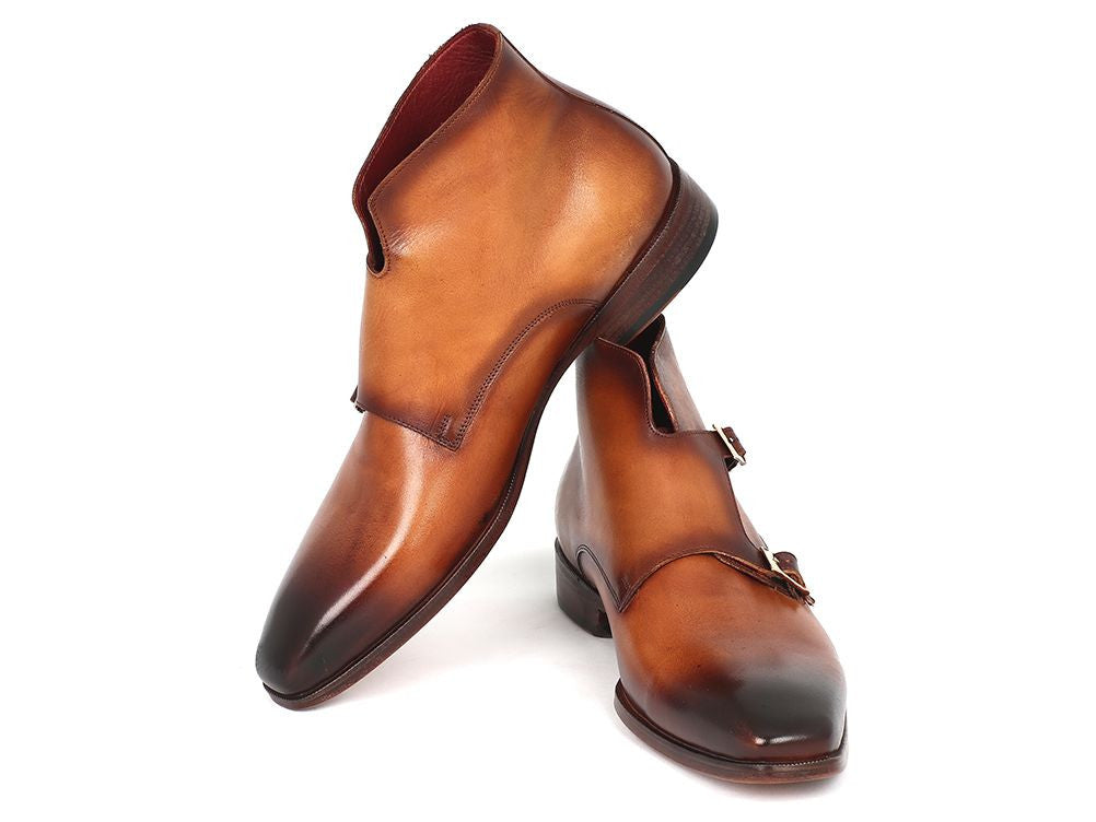 Paul Parkman Double Monkstrap Boots in Brown, featuring hand-painted calfskin upper and antique finished leather sole.