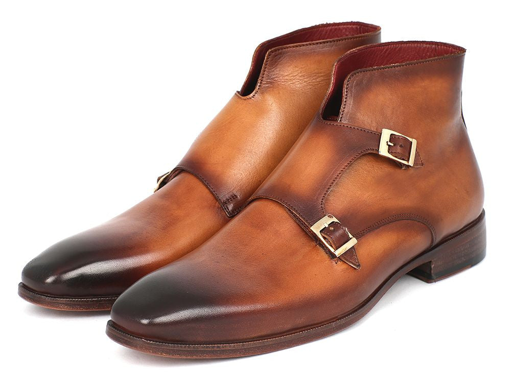 Paul Parkman Double Monkstrap Boots in Brown, featuring hand-painted calfskin upper and antique finished leather sole.