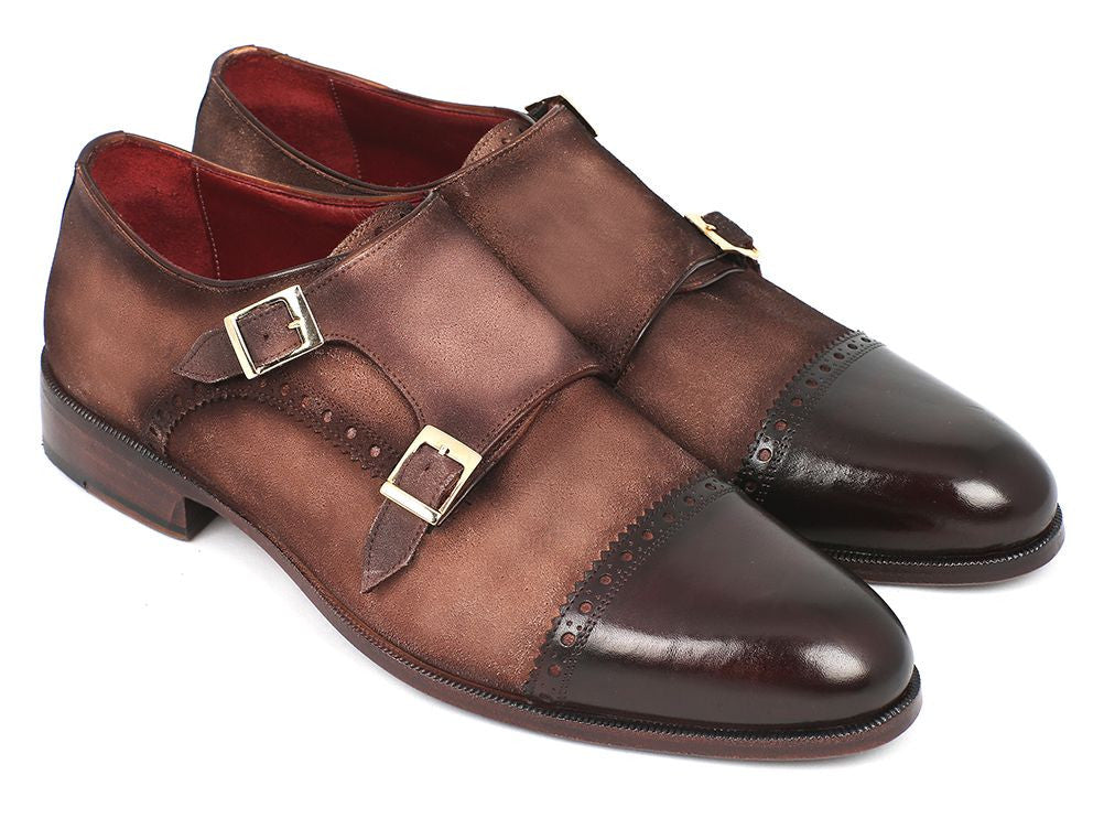 Paul Parkman Double Monkstraps in brown captoe, featuring hand-painted suede upper and antiqued leather sole.