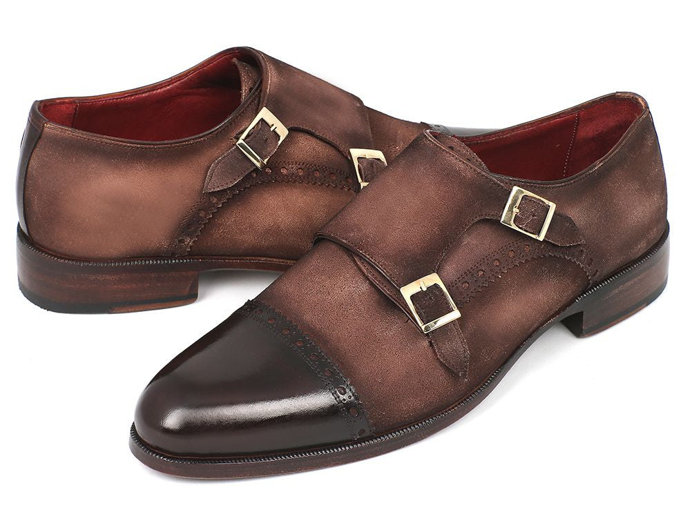 Paul Parkman Double Monkstraps in brown captoe, featuring hand-painted suede upper and antiqued leather sole.