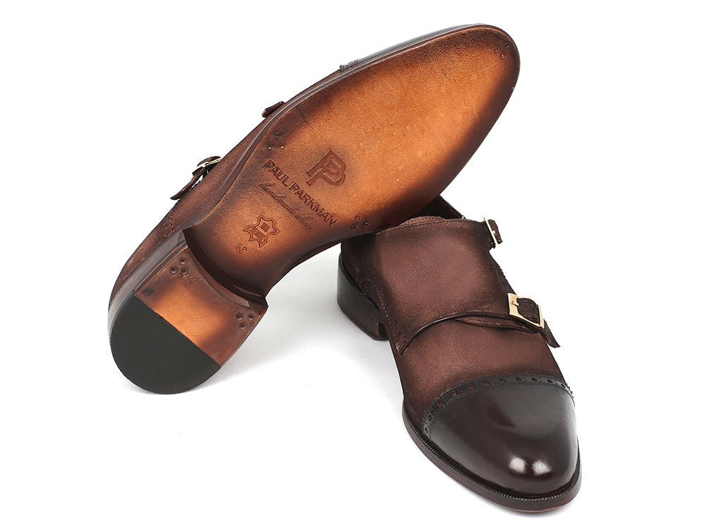 Paul Parkman Double Monkstraps in brown captoe, featuring hand-painted suede upper and antiqued leather sole.