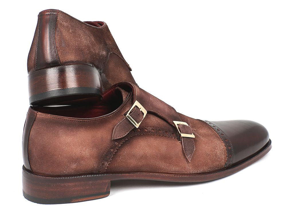 Paul Parkman Double Monkstraps in brown captoe, featuring hand-painted suede upper and antiqued leather sole.