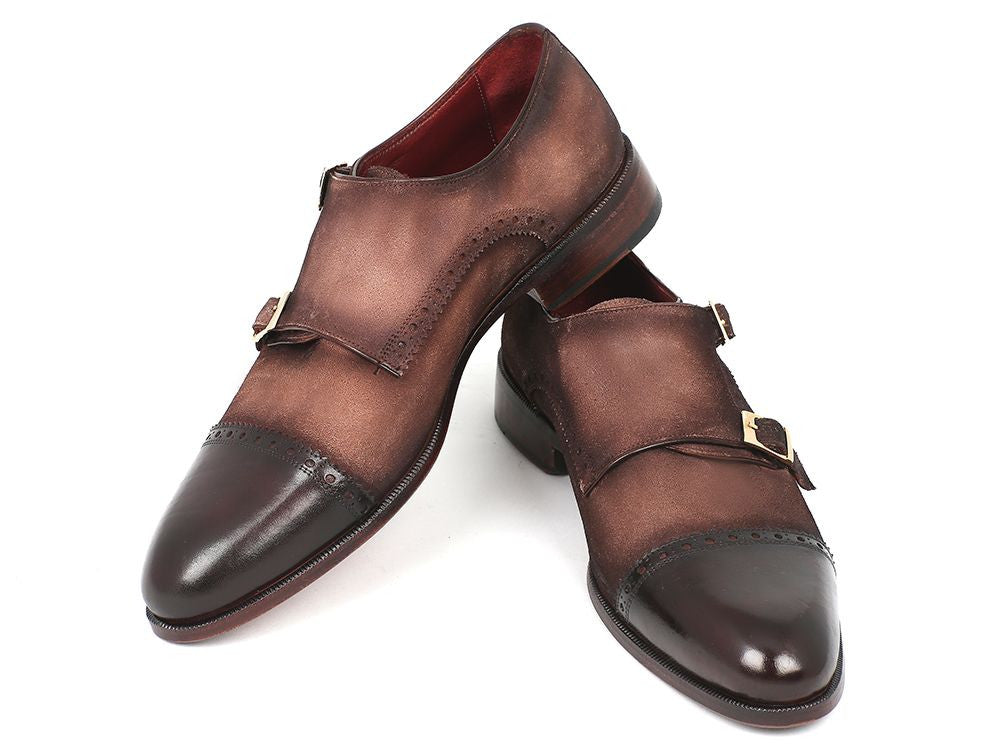 Paul Parkman Double Monkstraps in brown captoe, featuring hand-painted suede upper and antiqued leather sole.