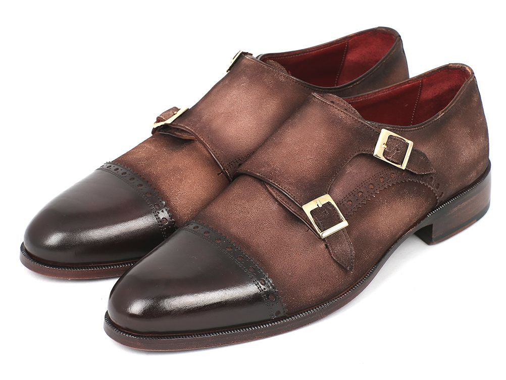 Paul Parkman Double Monkstraps in brown captoe, featuring hand-painted suede upper and antiqued leather sole.