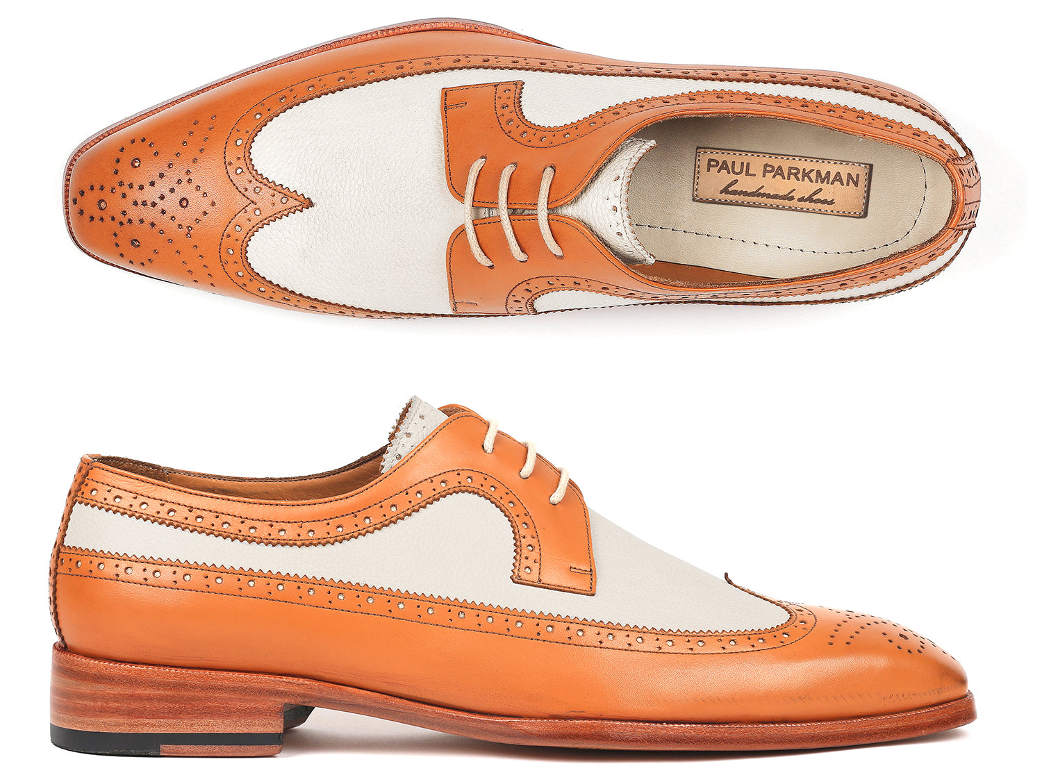 Paul Parkman Dual Tone Wingtip Derby Shoes in Cognac and Cream, showcasing hand-painted calfskin upper and elegant wingtip design.