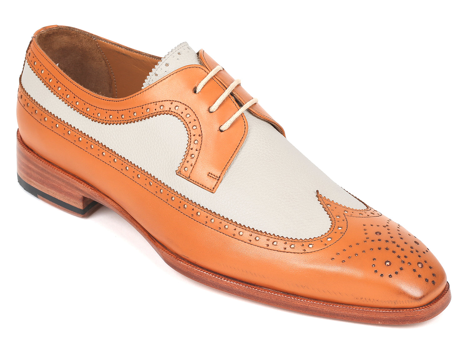 Paul Parkman Dual Tone Wingtip Derby Shoes in Cognac and Cream, showcasing hand-painted calfskin upper and elegant wingtip design.