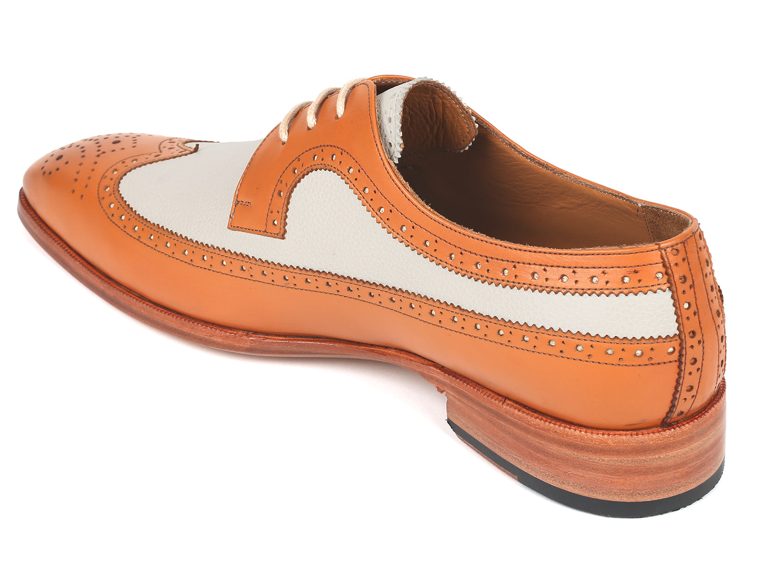 Paul Parkman Dual Tone Wingtip Derby Shoes in Cognac and Cream, showcasing hand-painted calfskin upper and elegant wingtip design.