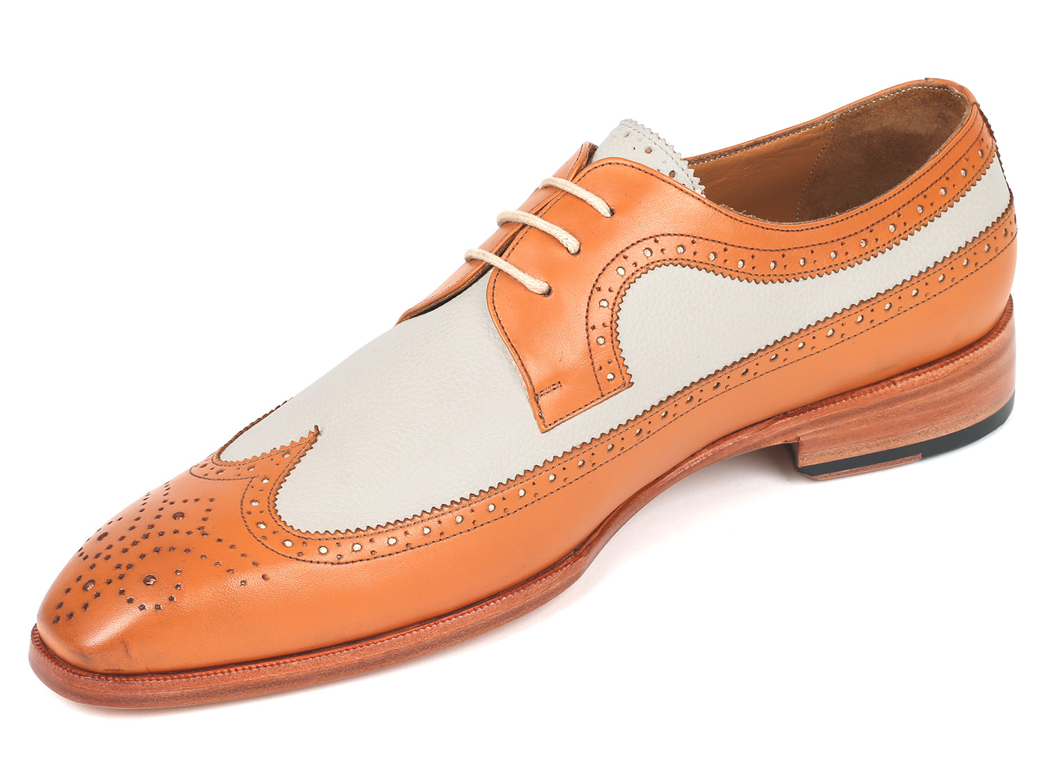 Paul Parkman Dual Tone Wingtip Derby Shoes in Cognac and Cream, showcasing hand-painted calfskin upper and elegant wingtip design.