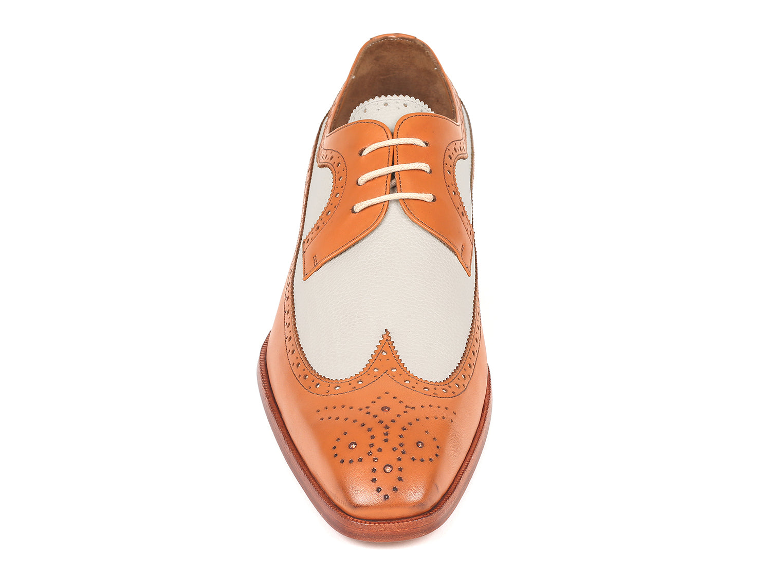 Paul Parkman Dual Tone Wingtip Derby Shoes in Cognac and Cream, showcasing hand-painted calfskin upper and elegant wingtip design.