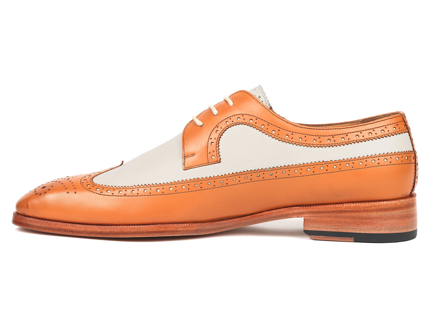 Paul Parkman Dual Tone Wingtip Derby Shoes in Cognac and Cream, showcasing hand-painted calfskin upper and elegant wingtip design.