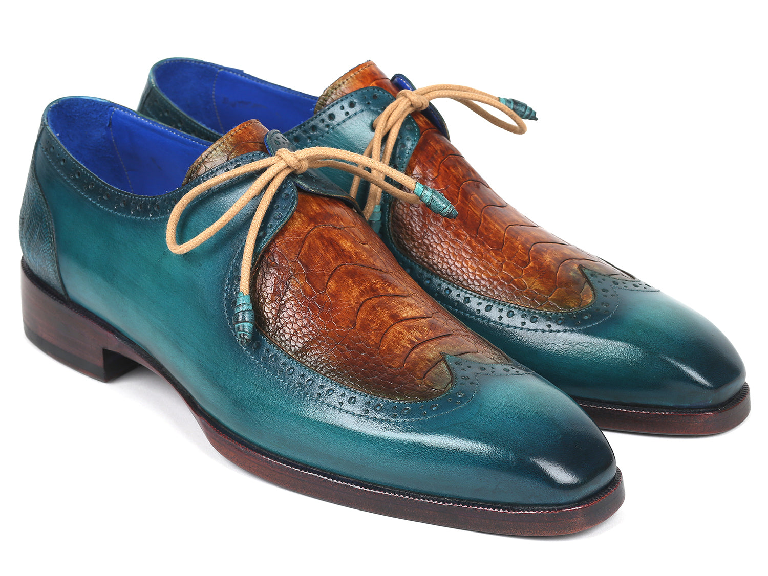 Paul Parkman Genuine Ostrich Leg & Calfskin Derby Shoes featuring a unique blue hand-painted design and wingtip perforations.