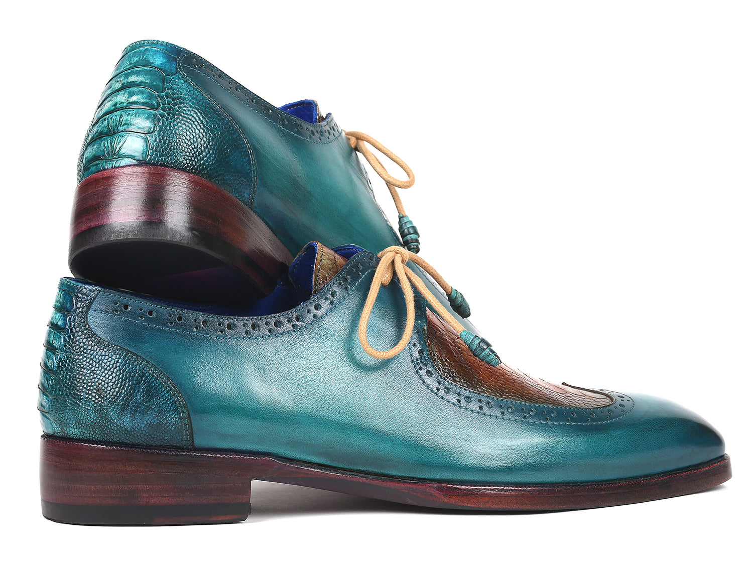 Paul Parkman Genuine Ostrich Leg & Calfskin Derby Shoes featuring a unique blue hand-painted design and wingtip perforations.