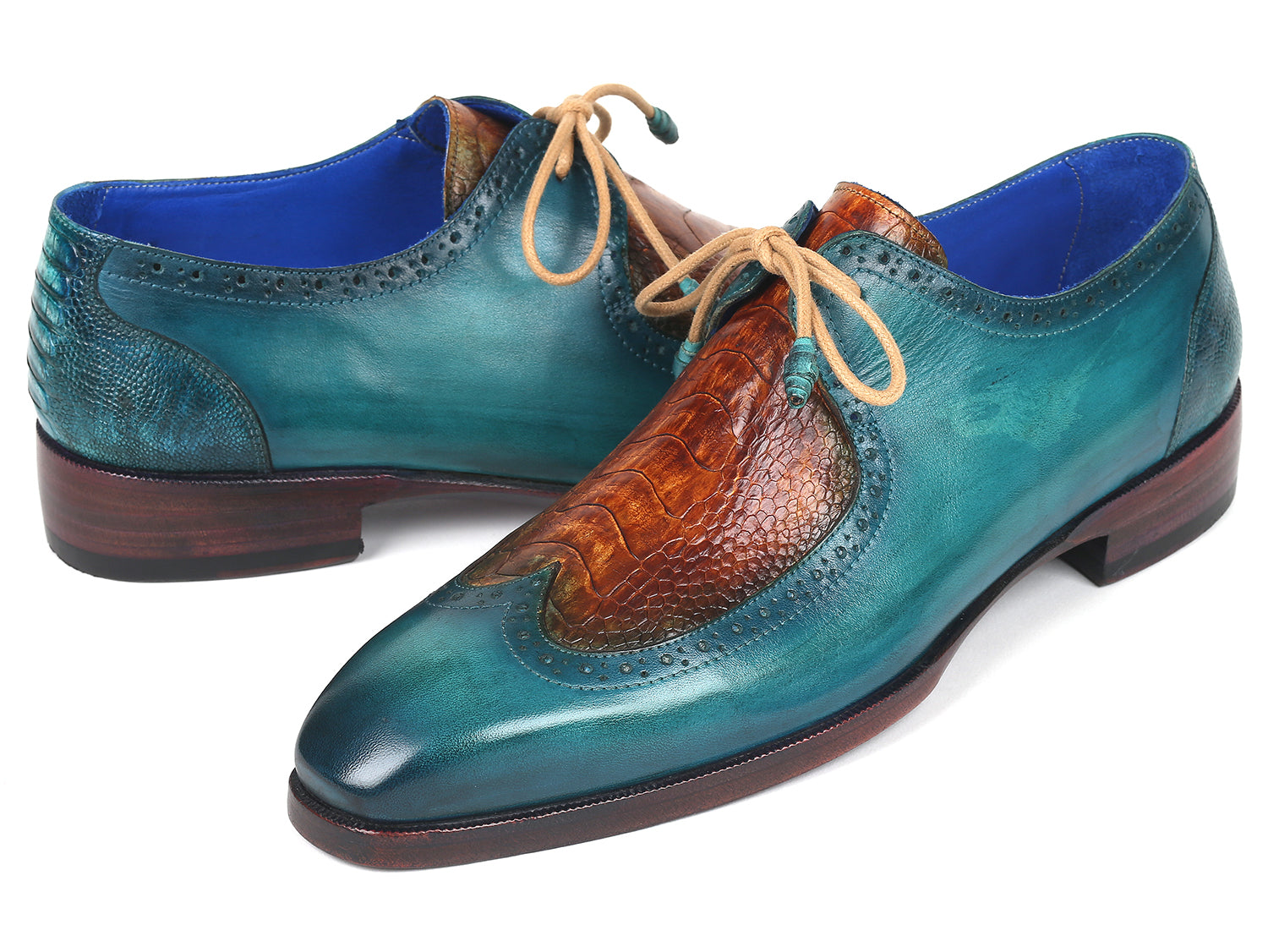 Paul Parkman Genuine Ostrich Leg & Calfskin Derby Shoes featuring a unique blue hand-painted design and wingtip perforations.