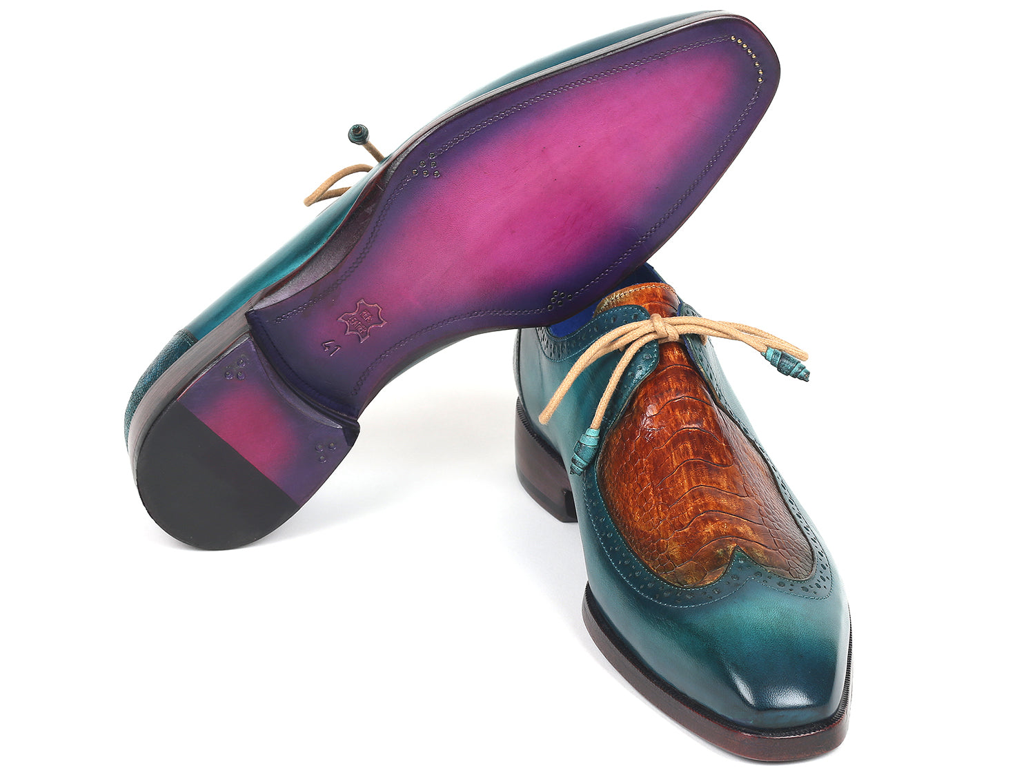 Paul Parkman Genuine Ostrich Leg & Calfskin Derby Shoes featuring a unique blue hand-painted design and wingtip perforations.