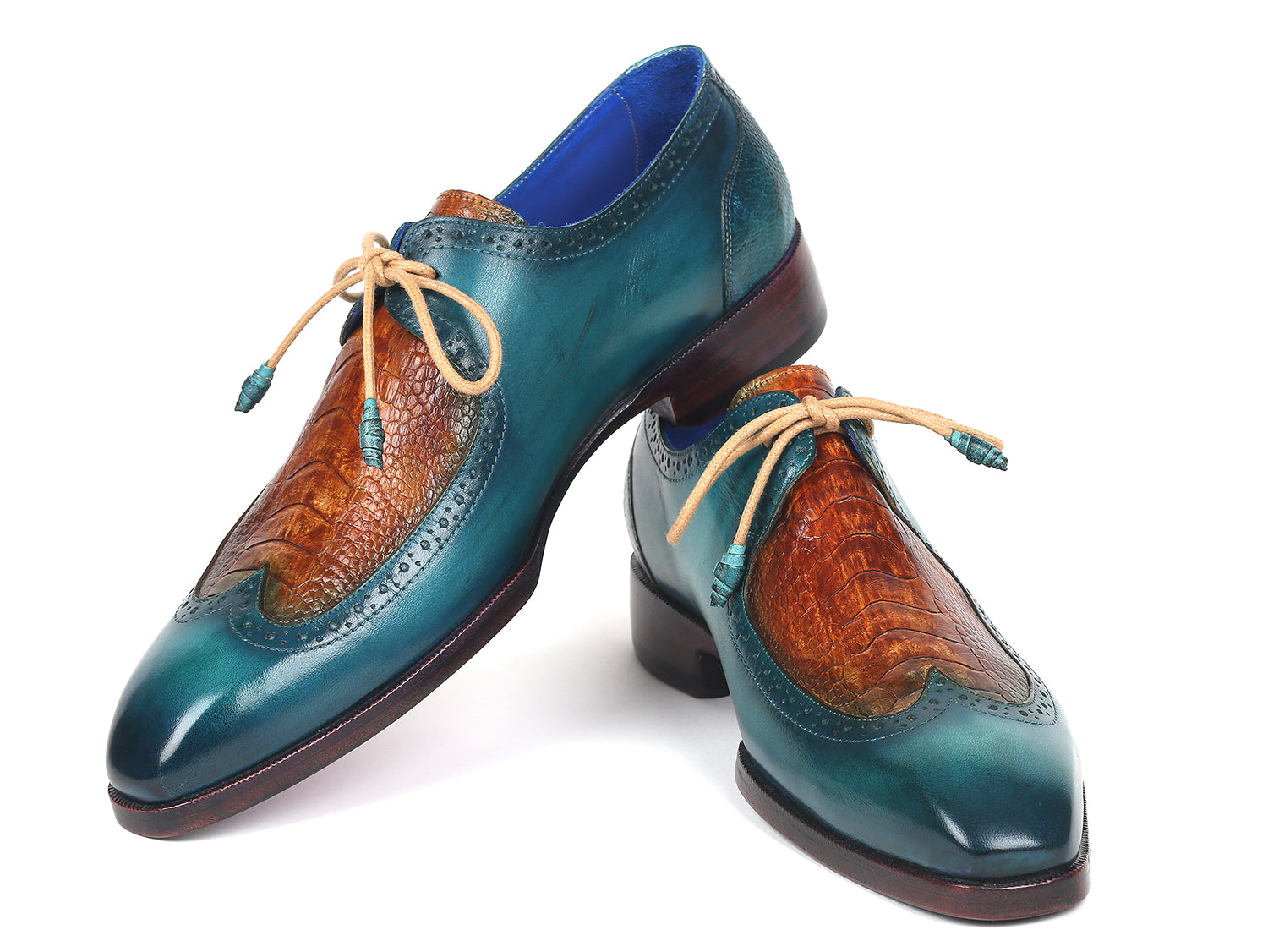 Paul Parkman Genuine Ostrich Leg & Calfskin Derby Shoes featuring a unique blue hand-painted design and wingtip perforations.