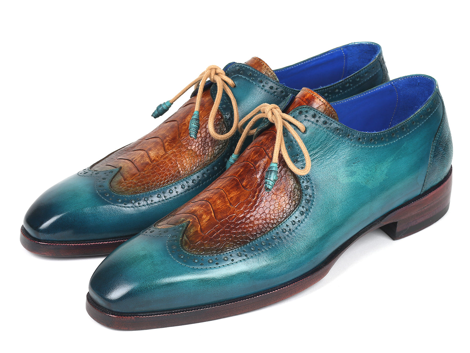 Paul Parkman Genuine Ostrich Leg & Calfskin Derby Shoes featuring a unique blue hand-painted design and wingtip perforations.