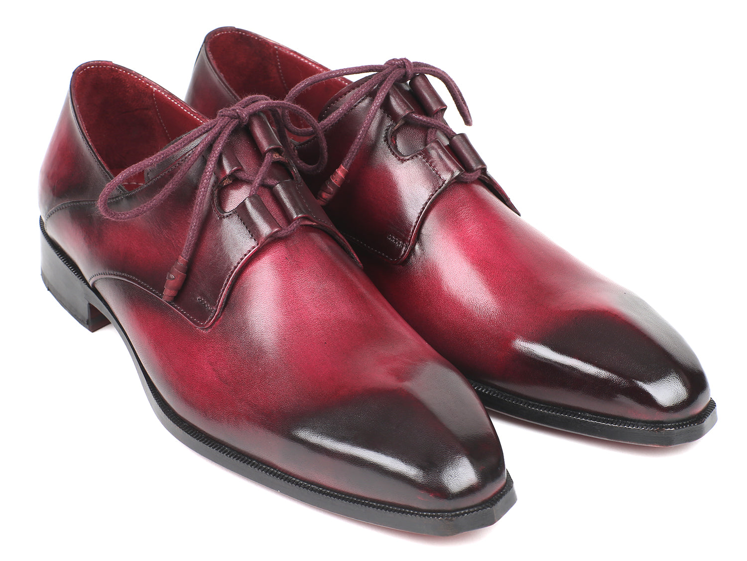 Paul Parkman Ghillie Lacing Bordeaux Dress Shoes featuring hand-painted calfskin leather and a sculpted toe design.