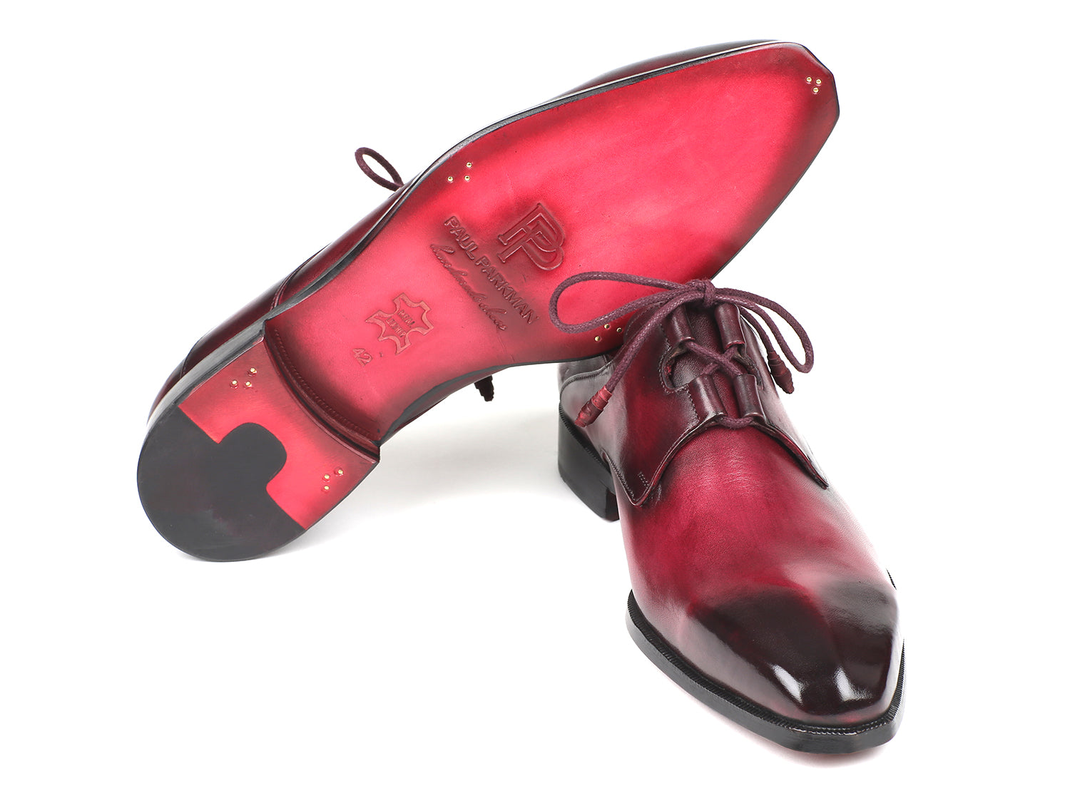 Paul Parkman Ghillie Lacing Bordeaux Dress Shoes featuring hand-painted calfskin leather and a sculpted toe design.