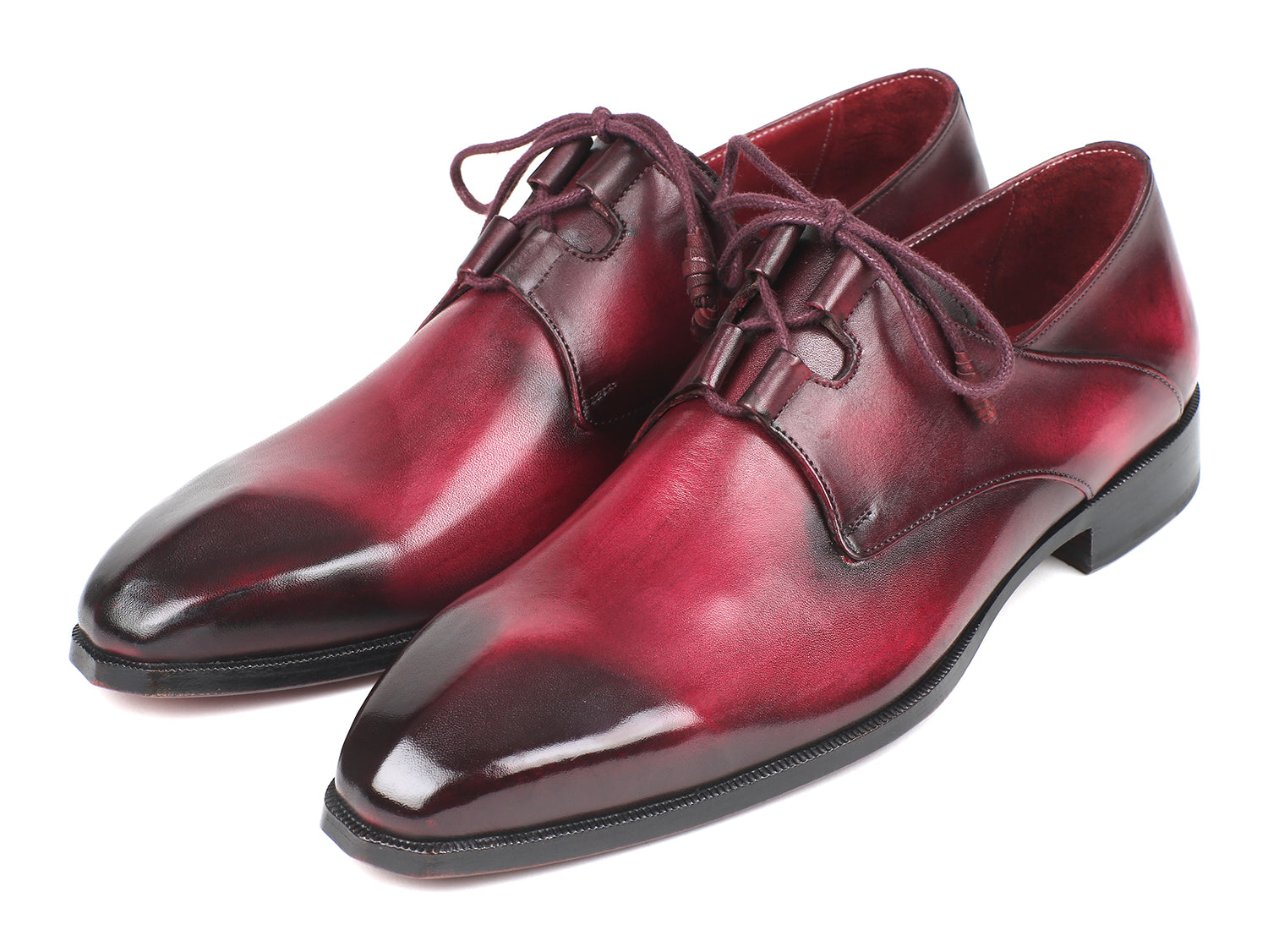 Paul Parkman Ghillie Lacing Bordeaux Dress Shoes featuring hand-painted calfskin leather and a sculpted toe design.