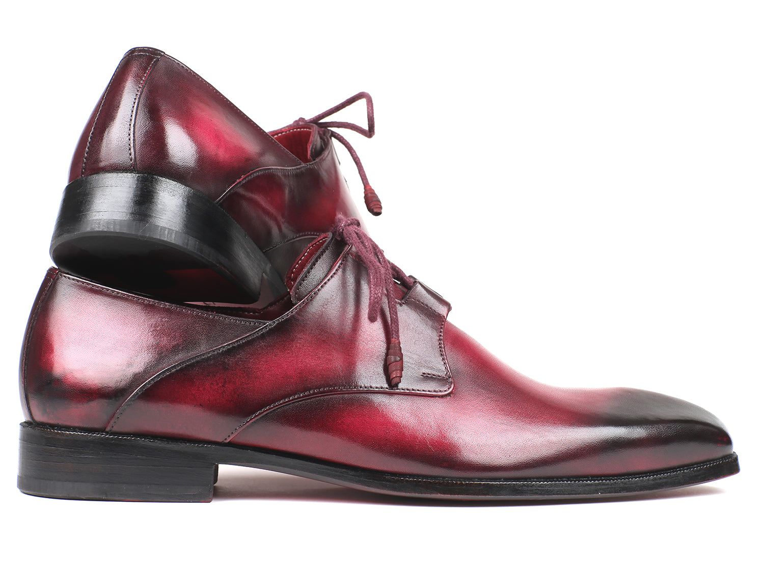 Paul Parkman Ghillie Lacing Bordeaux Dress Shoes featuring hand-painted calfskin leather and a sculpted toe design.