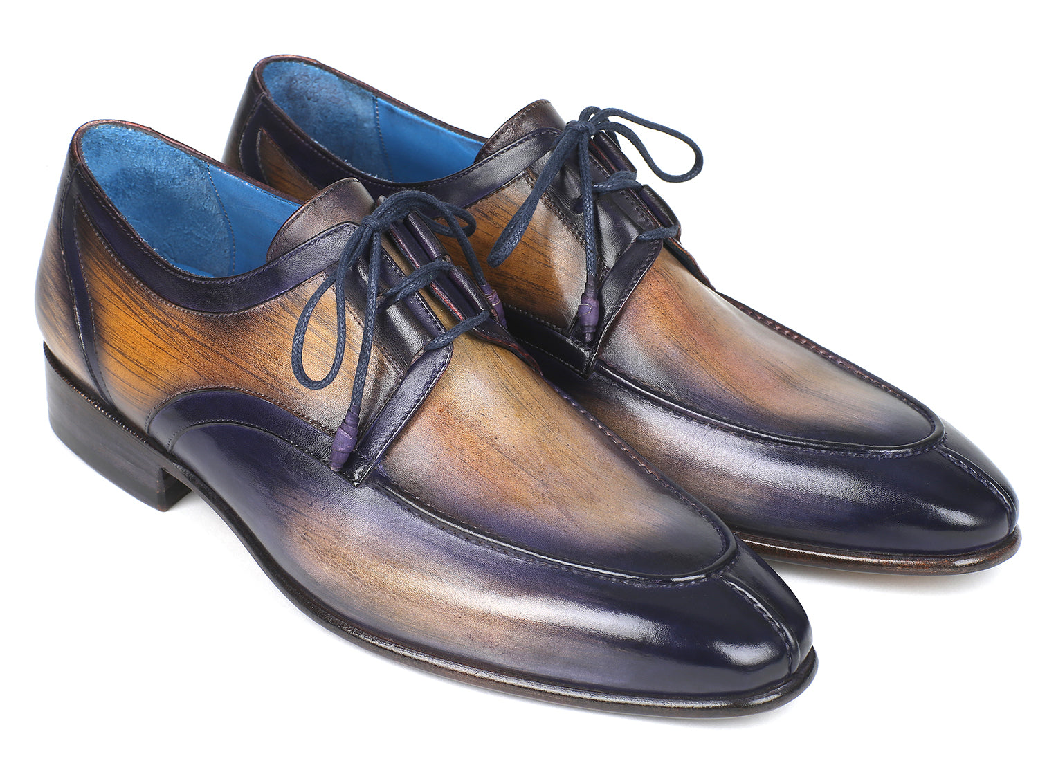 Paul Parkman Ghillie Lacing Dress Shoes in camel and purple, showcasing hand-painted calfskin leather and antique burnished sole.