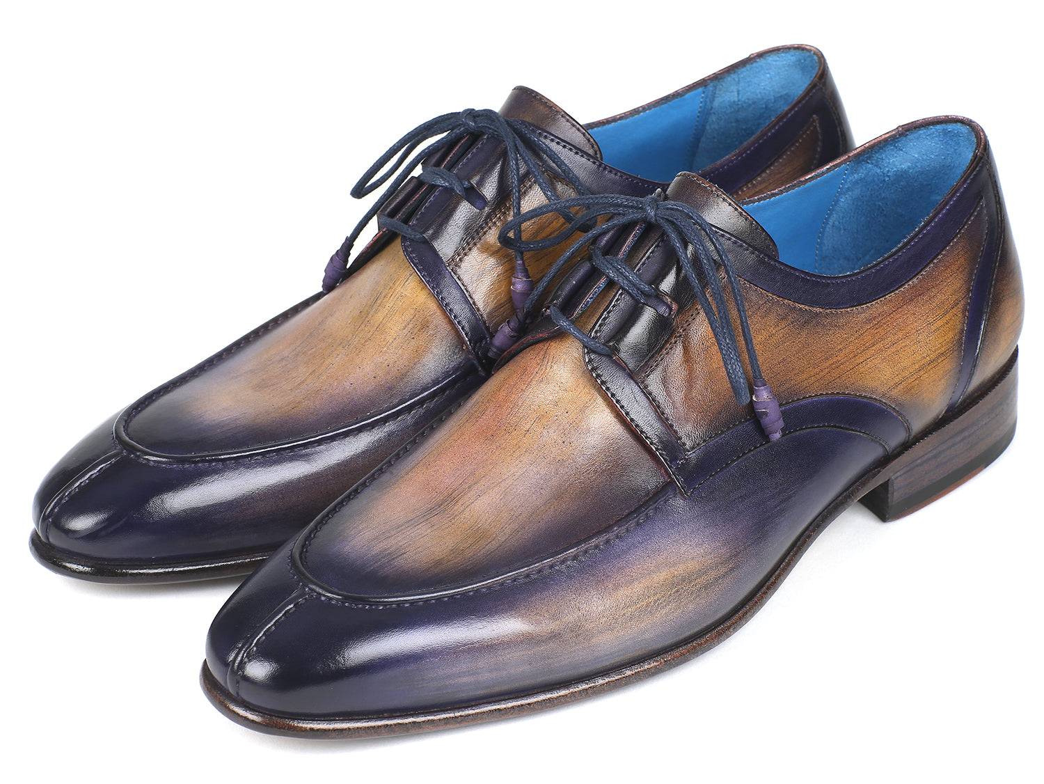 Paul Parkman Ghillie Lacing Dress Shoes in camel and purple, showcasing hand-painted calfskin leather and antique burnished sole.