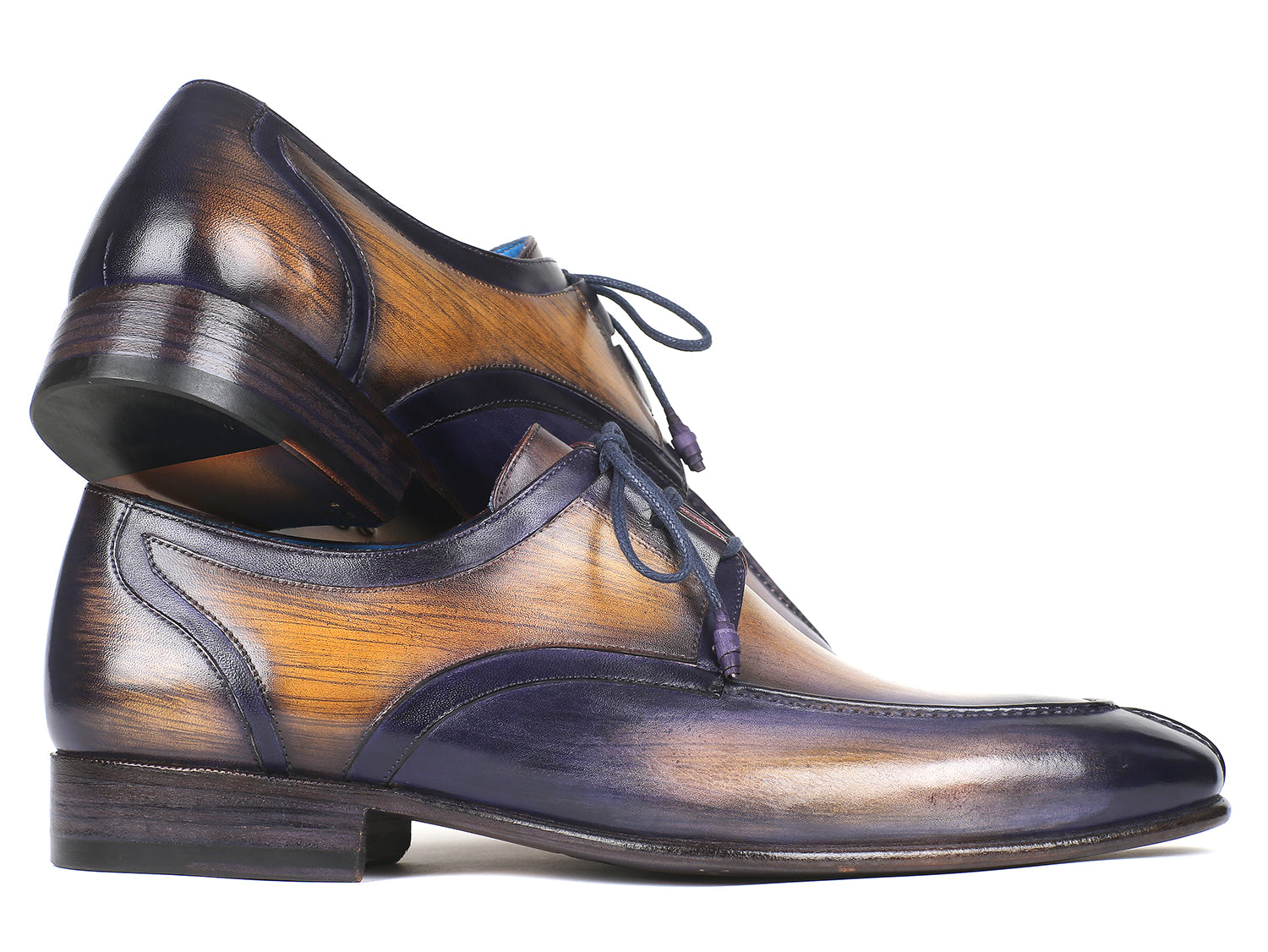 Paul Parkman Ghillie Lacing Dress Shoes in camel and purple, showcasing hand-painted calfskin leather and antique burnished sole.