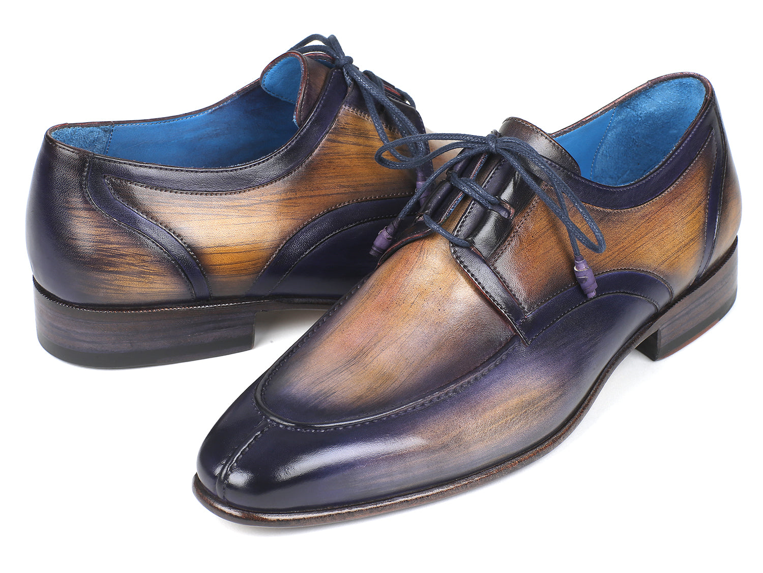 Paul Parkman Ghillie Lacing Dress Shoes in camel and purple, showcasing hand-painted calfskin leather and antique burnished sole.