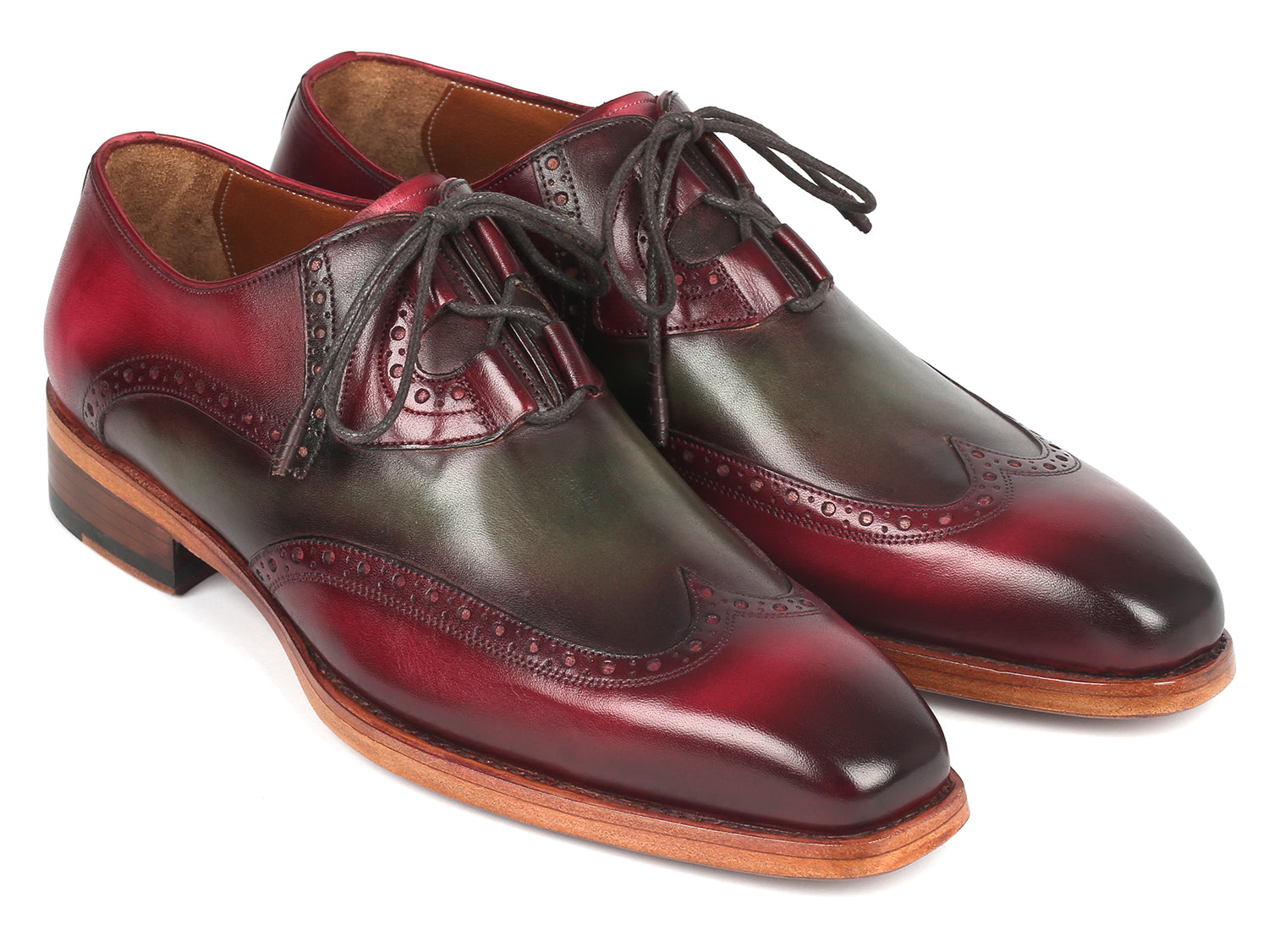 Paul Parkman Goodyear Welted Ghillie Lacing Brogues in Green and Bordeaux, showcasing intricate hand-painted leather and ghillie lacing design.