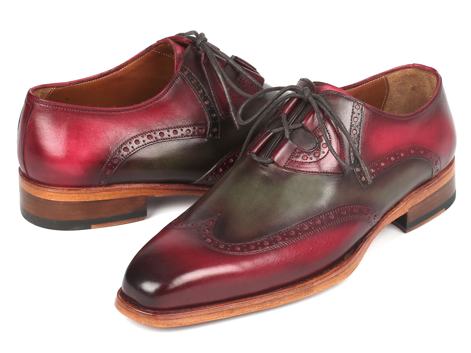 Paul Parkman Goodyear Welted Ghillie Lacing Brogues in Green and Bordeaux, showcasing intricate hand-painted leather and ghillie lacing design.