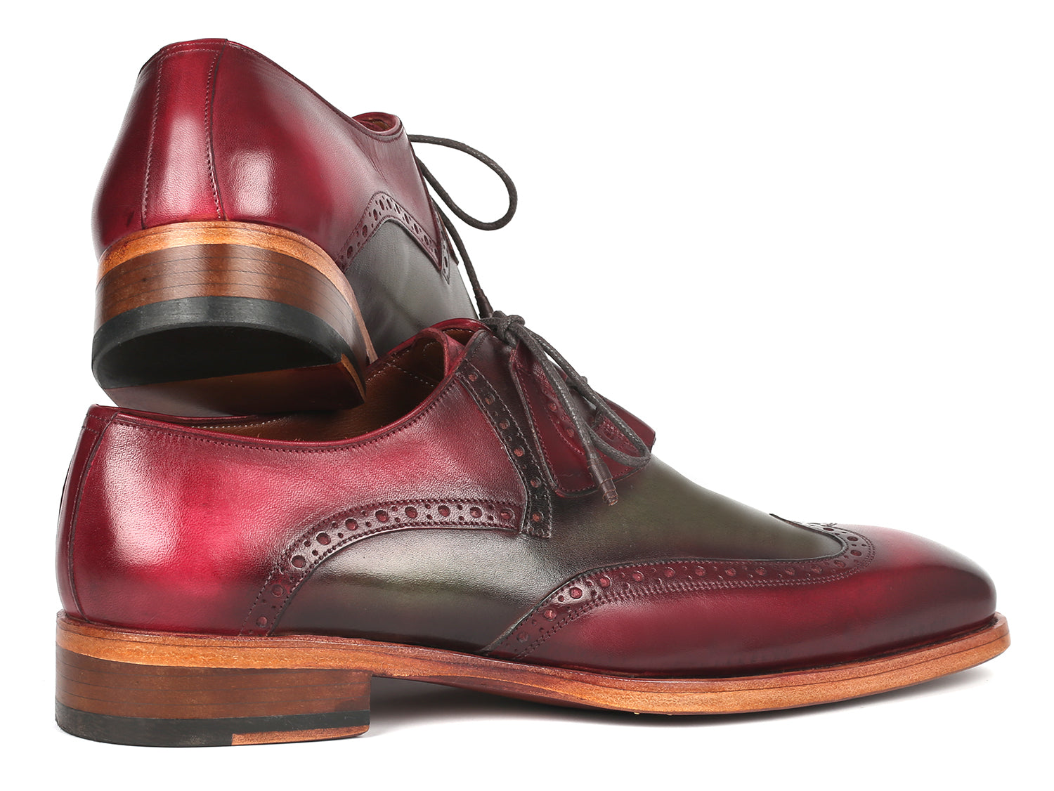 Paul Parkman Goodyear Welted Ghillie Lacing Brogues in Green and Bordeaux, showcasing intricate hand-painted leather and ghillie lacing design.