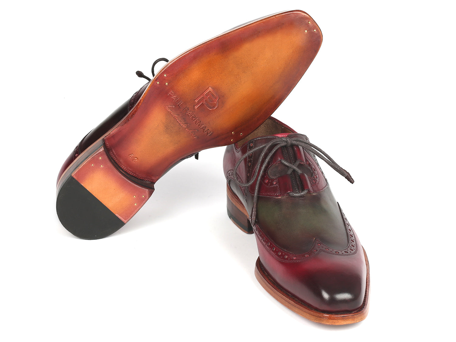 Paul Parkman Goodyear Welted Ghillie Lacing Brogues in Green and Bordeaux, showcasing intricate hand-painted leather and ghillie lacing design.