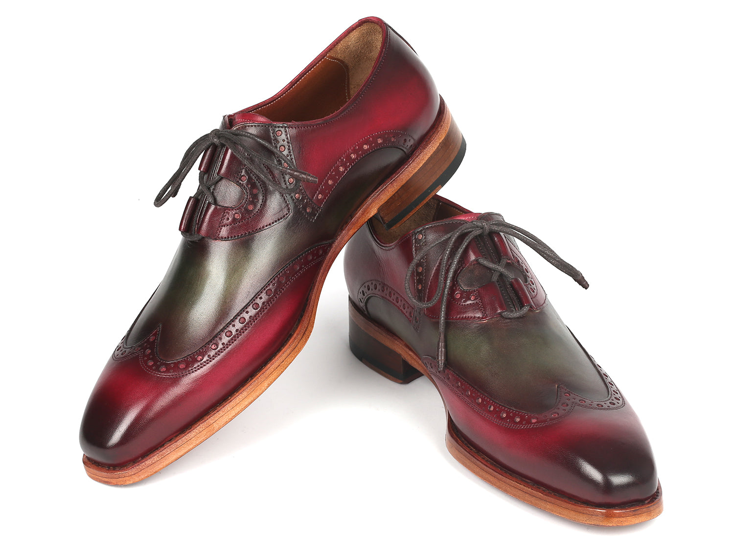 Paul Parkman Goodyear Welted Ghillie Lacing Brogues in Green and Bordeaux, showcasing intricate hand-painted leather and ghillie lacing design.