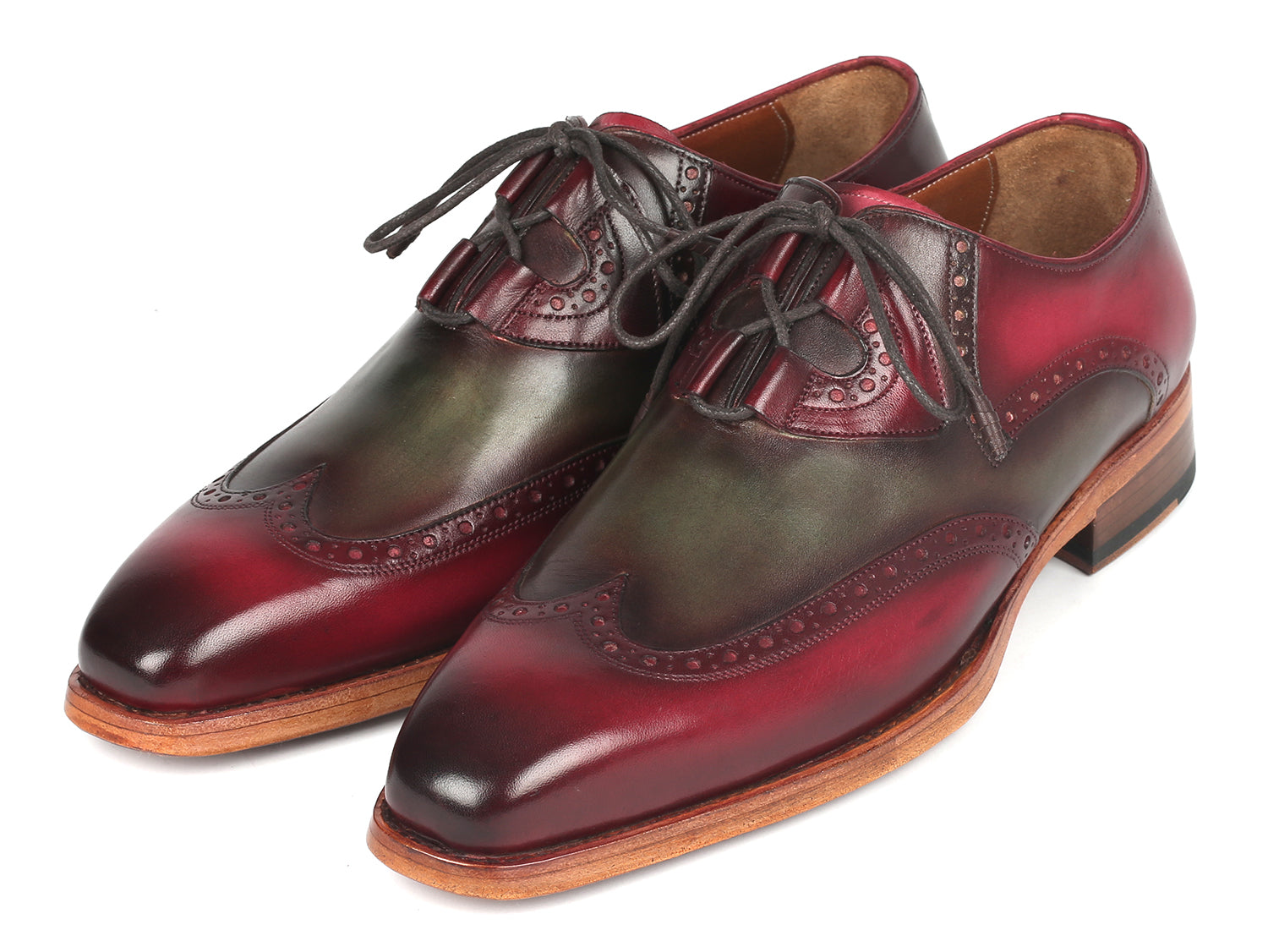 Paul Parkman Goodyear Welted Ghillie Lacing Brogues in Green and Bordeaux, showcasing intricate hand-painted leather and ghillie lacing design.