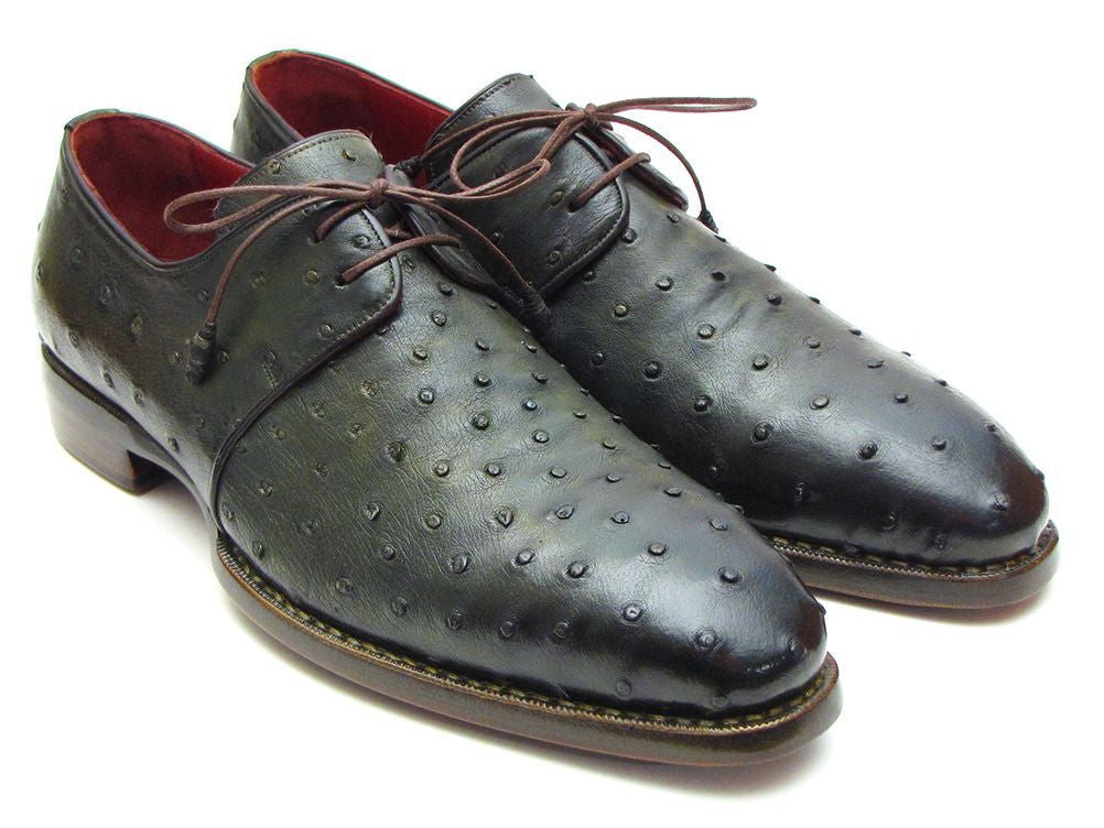 Paul Parkman Goodyear Welted Green Genuine Ostrich Derby Shoes showcasing luxurious green ostrich leather and antique finished double leather sole.