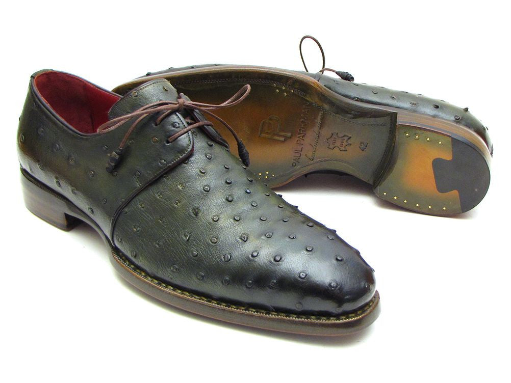 Paul Parkman Goodyear Welted Green Genuine Ostrich Derby Shoes showcasing luxurious green ostrich leather and antique finished double leather sole.