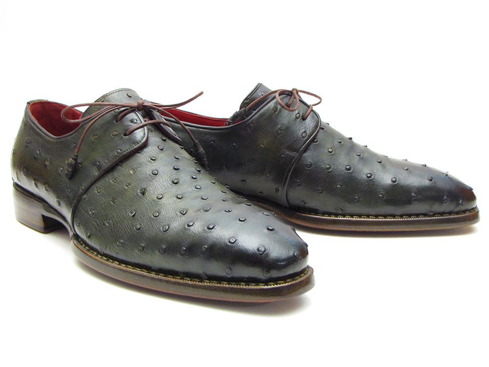 Paul Parkman Goodyear Welted Green Genuine Ostrich Derby Shoes showcasing luxurious green ostrich leather and antique finished double leather sole.